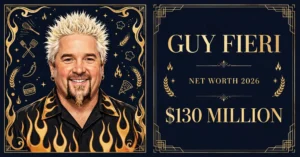 Guy Fieri net worth 2026 — estimated $100 to $150 million fortune infographic