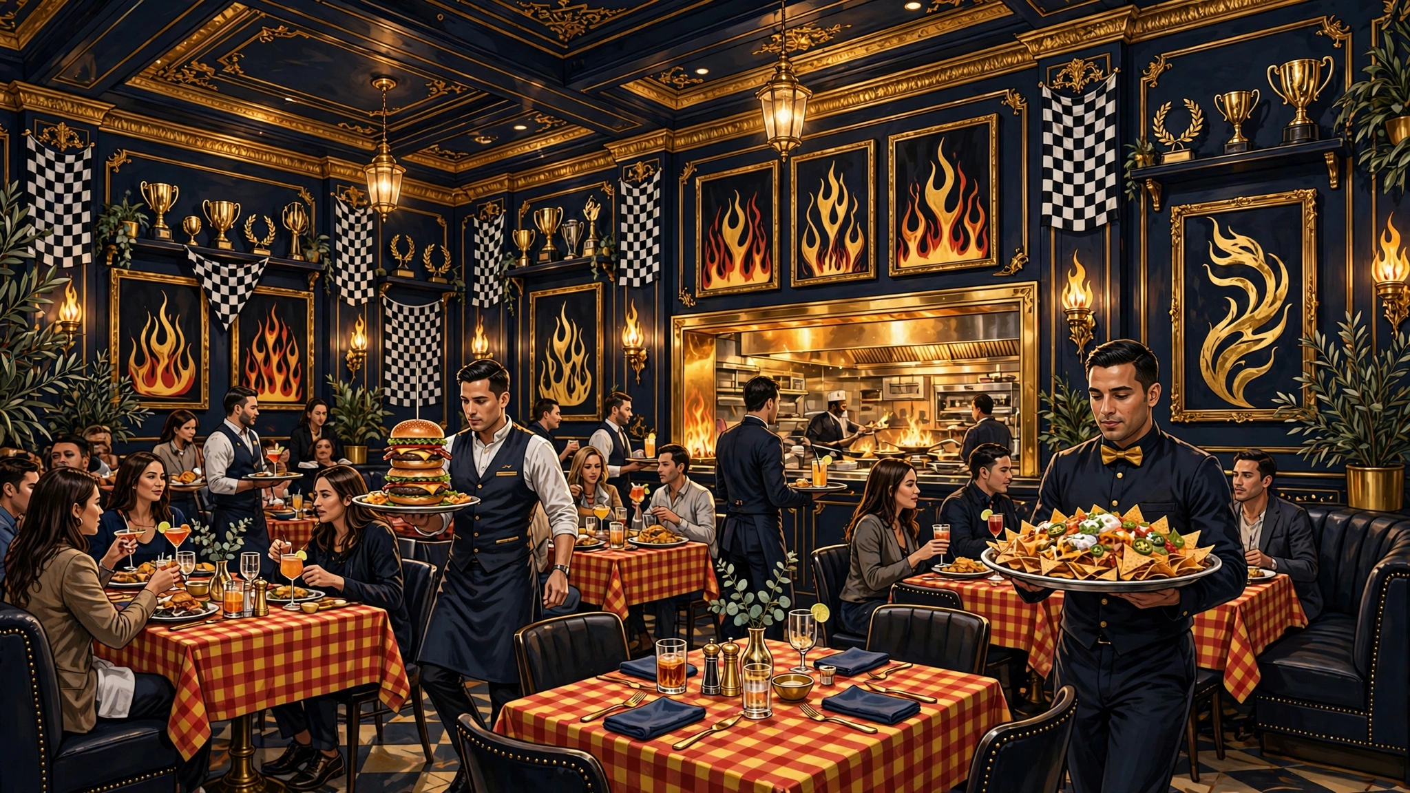 Illustrated scene of a busy Guy Fieri restaurant interior with checkered tablecloths and flame motifs