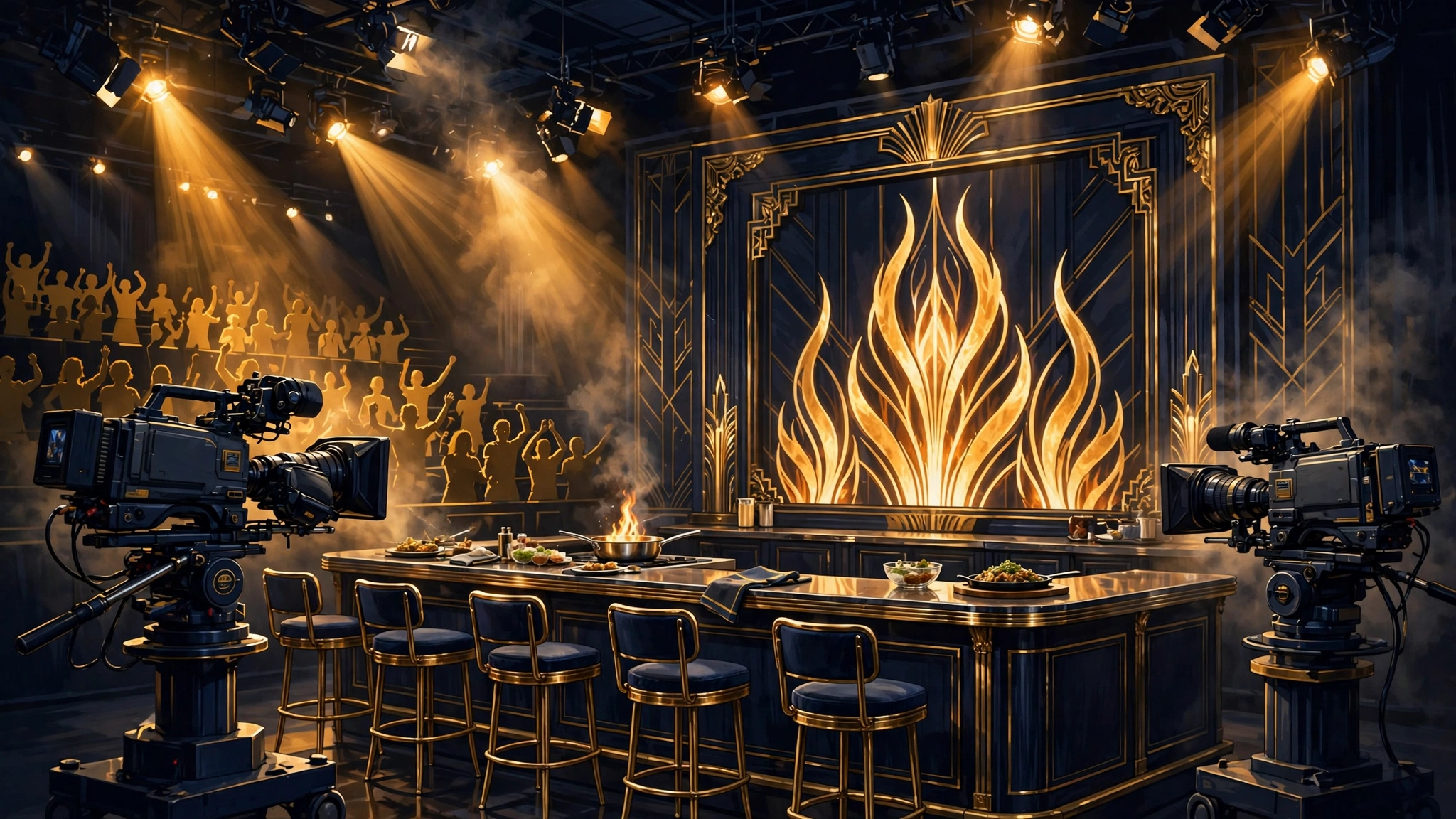 Illustrated scene of a Guy Fieri television studio set with cameras, flame graphics, and a cheering audience
