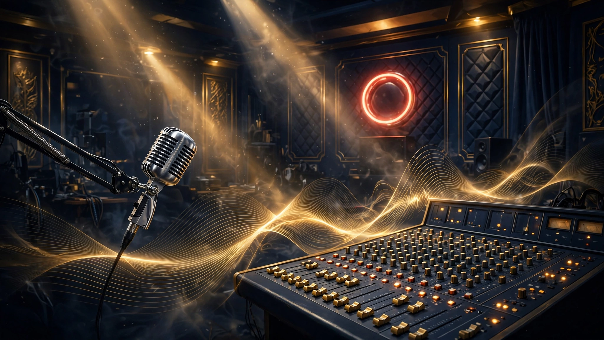Illustrated radio broadcast studio with vintage microphone and sound waves, Howard Stern show theme