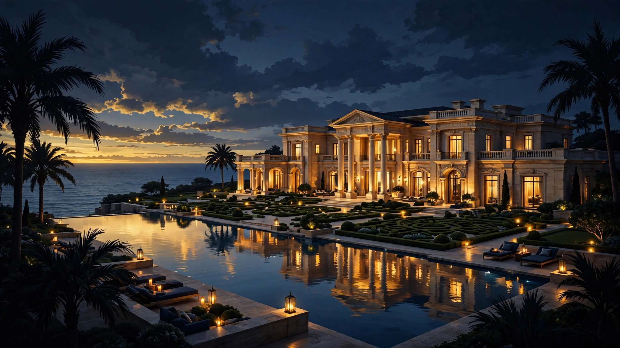 Illustrated luxury waterfront estate at dusk in navy and gold tones, Howard Stern real estate theme
