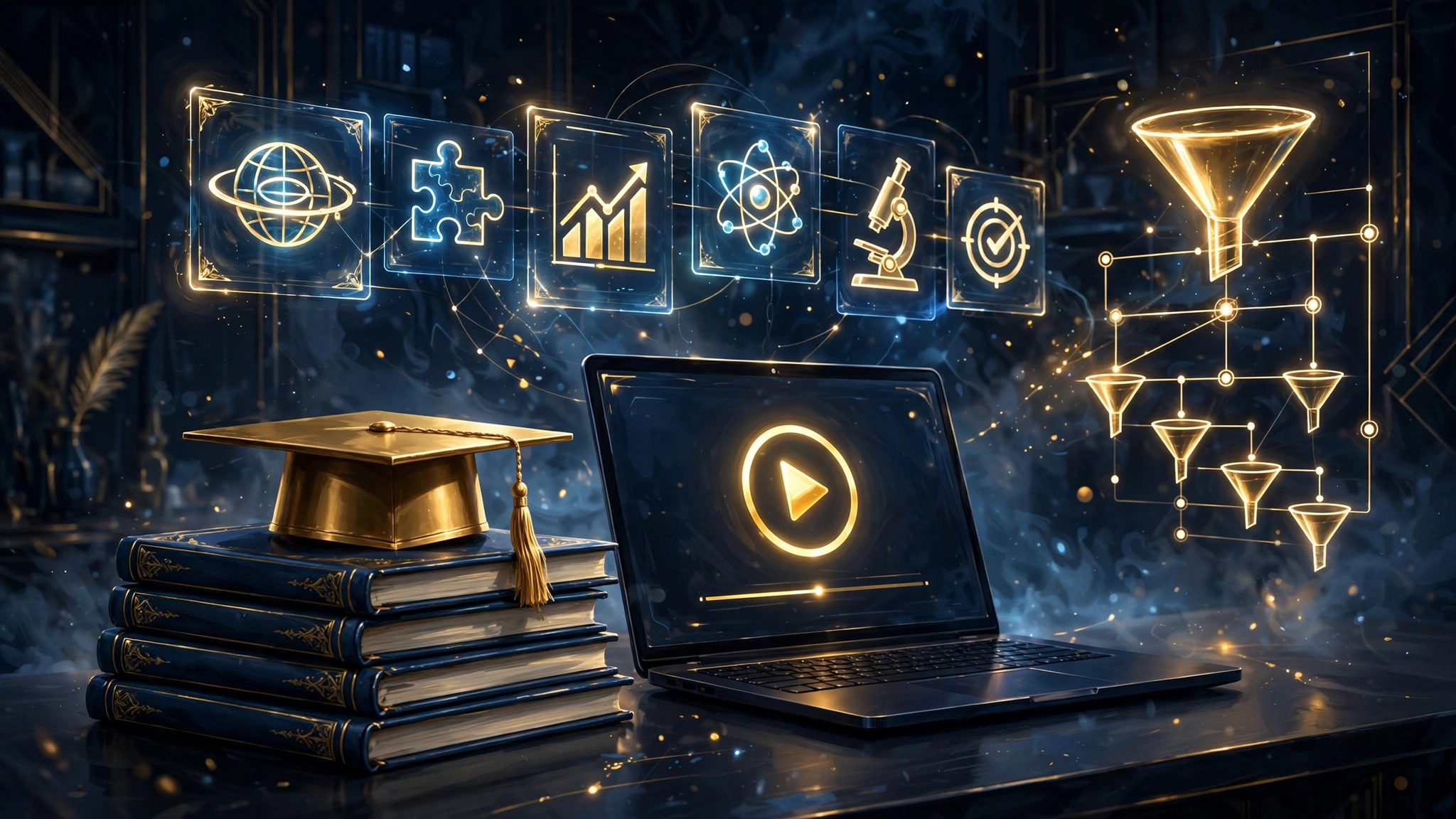 Illustrated online academy scene — digital courses and agency training behind Iman Gadzhi's education empire