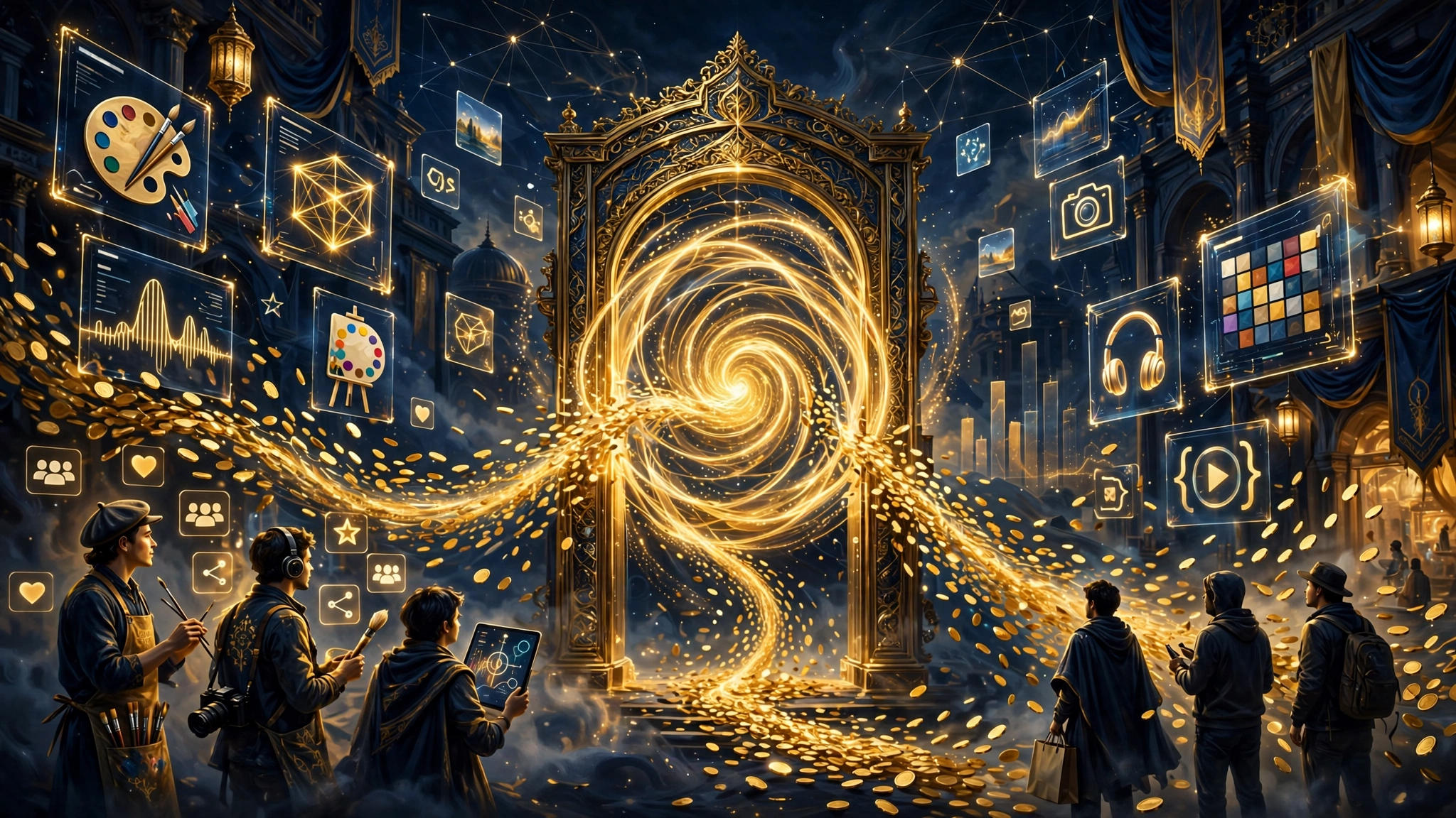 Illustrated creator-commerce marketplace scene — digital products, courses and communities flowing through a billion-dollar platform