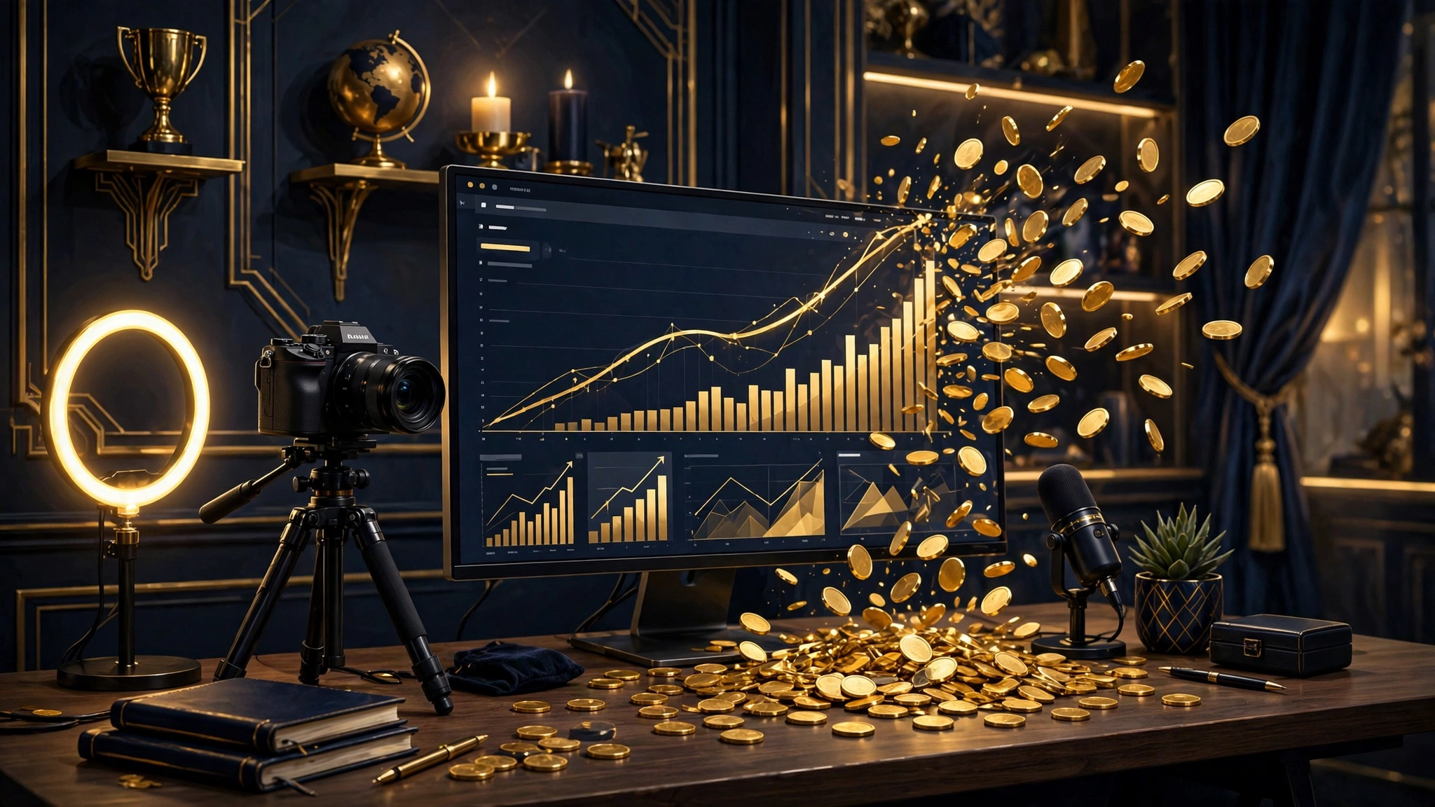 Illustrated YouTube creator studio with analytics dashboard and gold coins flowing from the screen, representing Jack Doherty's ad revenue