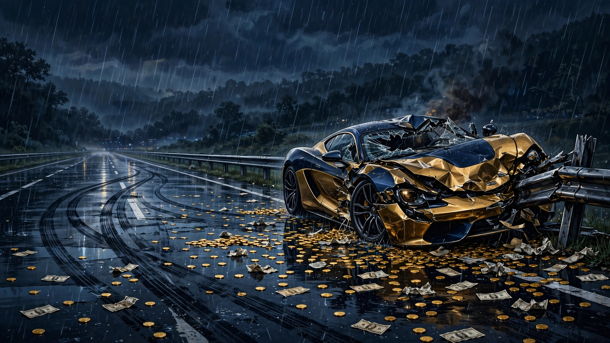 Illustrated crashed luxury sports car on a rain-soaked highway at night with gold coins scattered, symbolizing the costly October 2024 McLaren crash