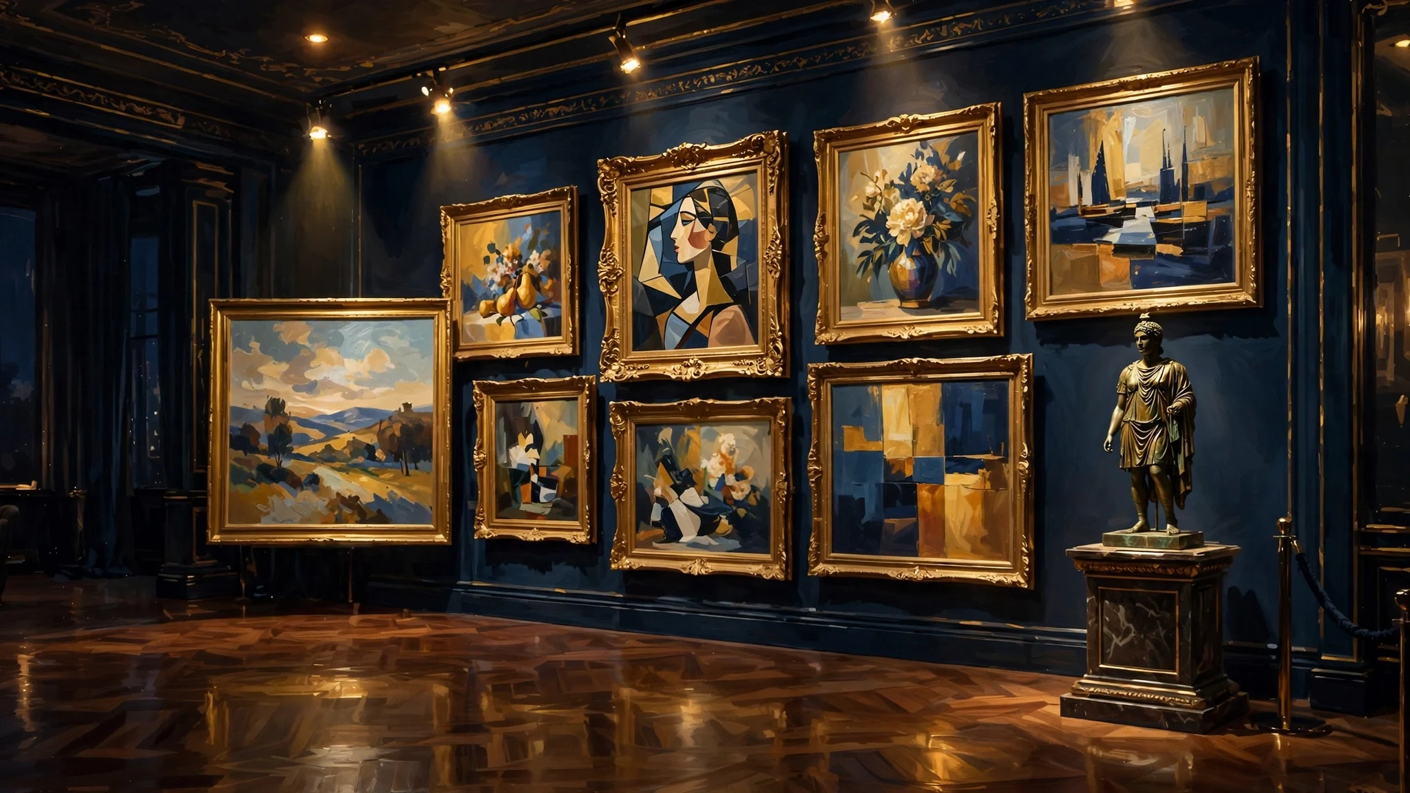 Illustrated gallery wall of classic modern paintings in gold frames against dark navy, evoking Jack Nicholson's private art collection