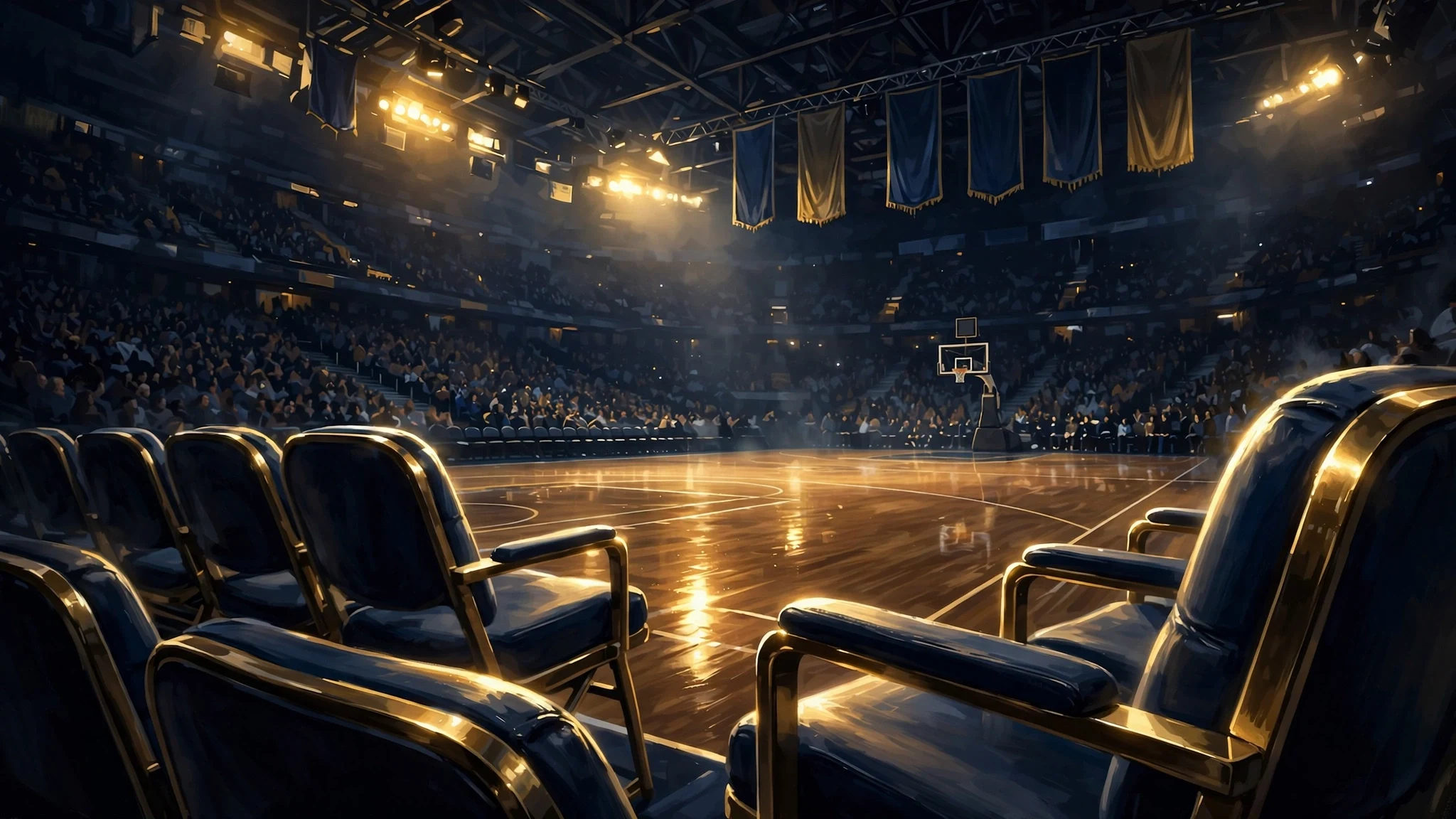 Illustrated basketball arena at night with golden courtside seats in the foreground, evoking Jack Nicholson's decades as the Lakers' most famous fan