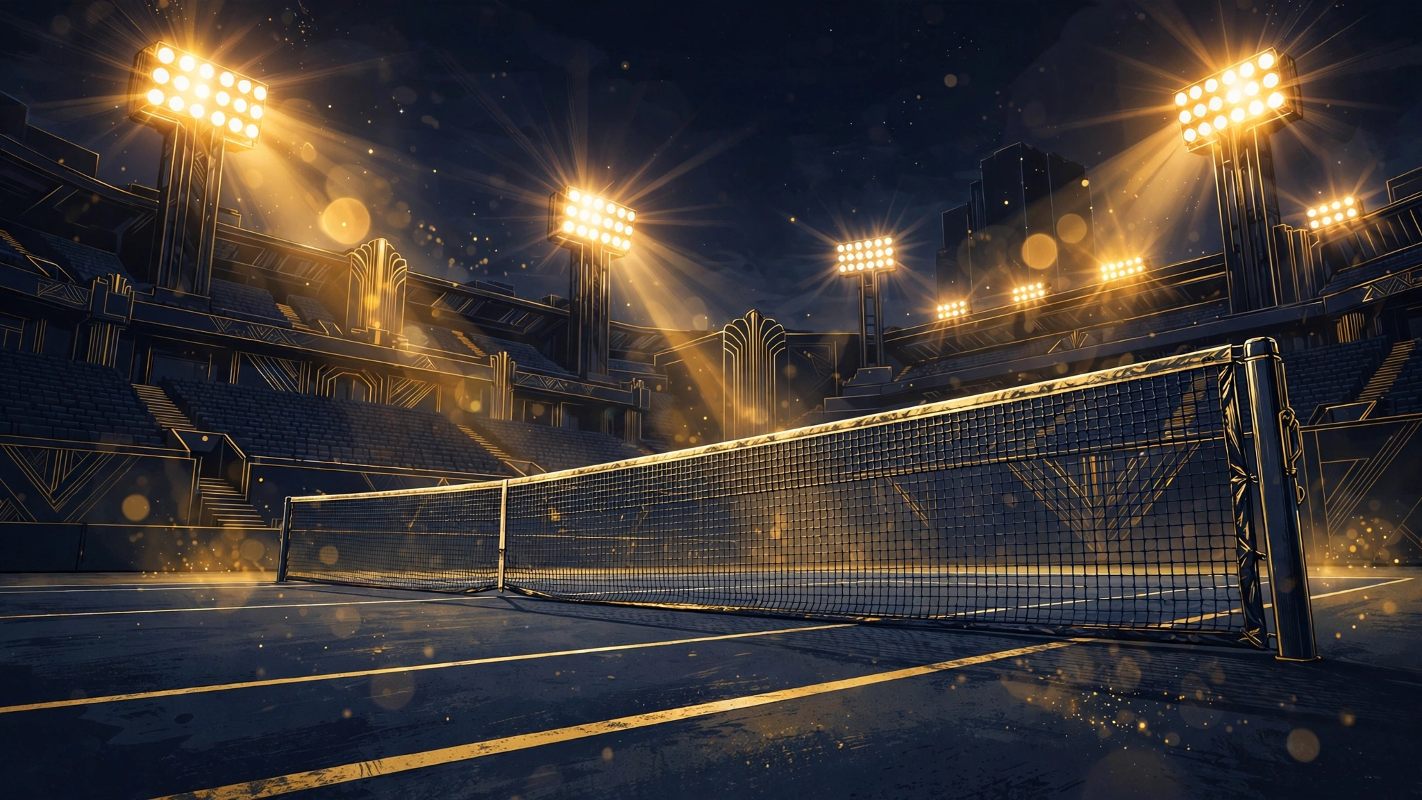 Illustrated night tennis stadium under floodlights — Jannik Sinner Nike deal