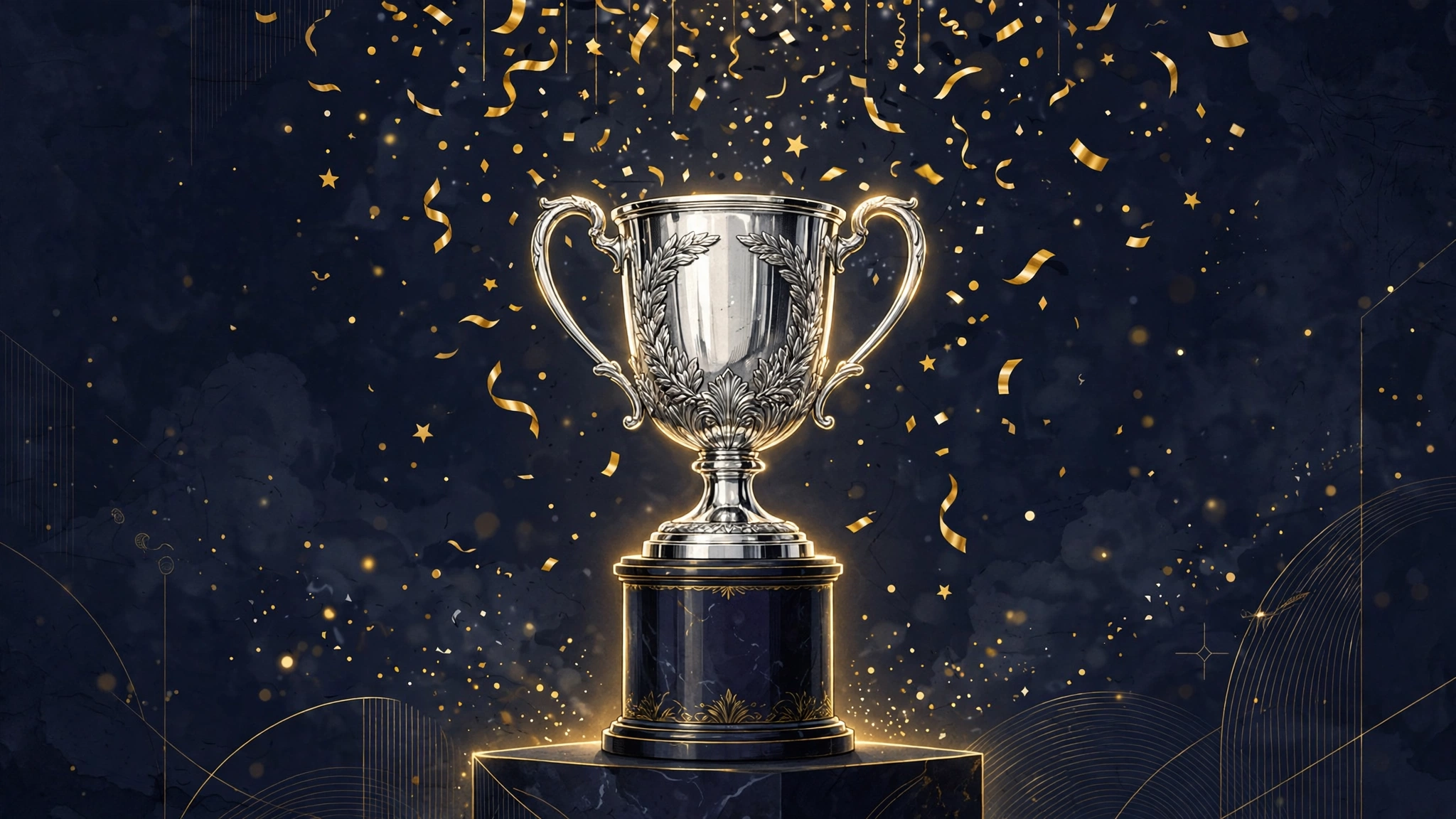 Illustrated silver trophy with golden confetti — Jannik Sinner prize money