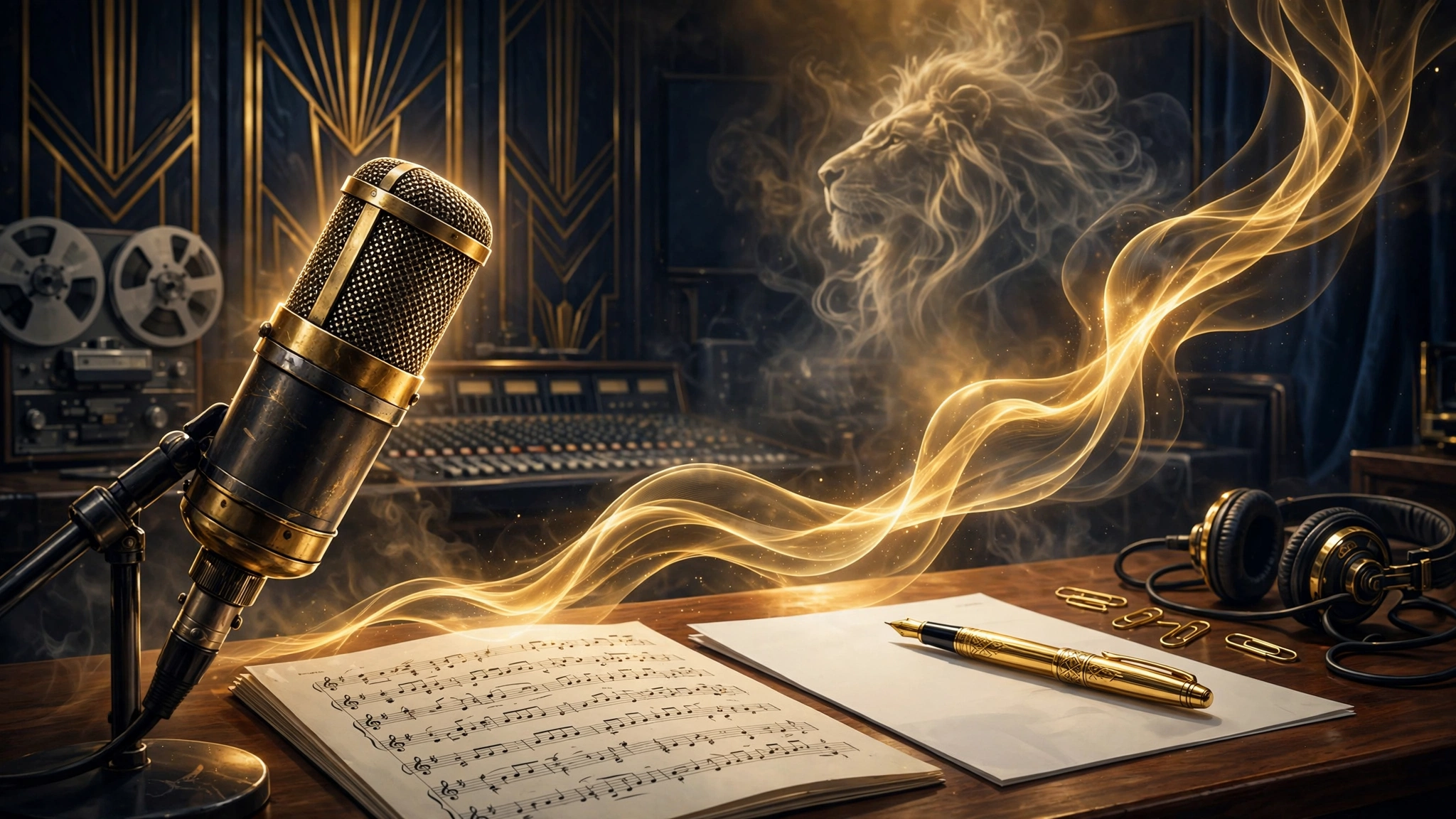 Illustrated recording studio scene with a contract and royalty checks, representing Jason Weaver's Lion King royalty deal