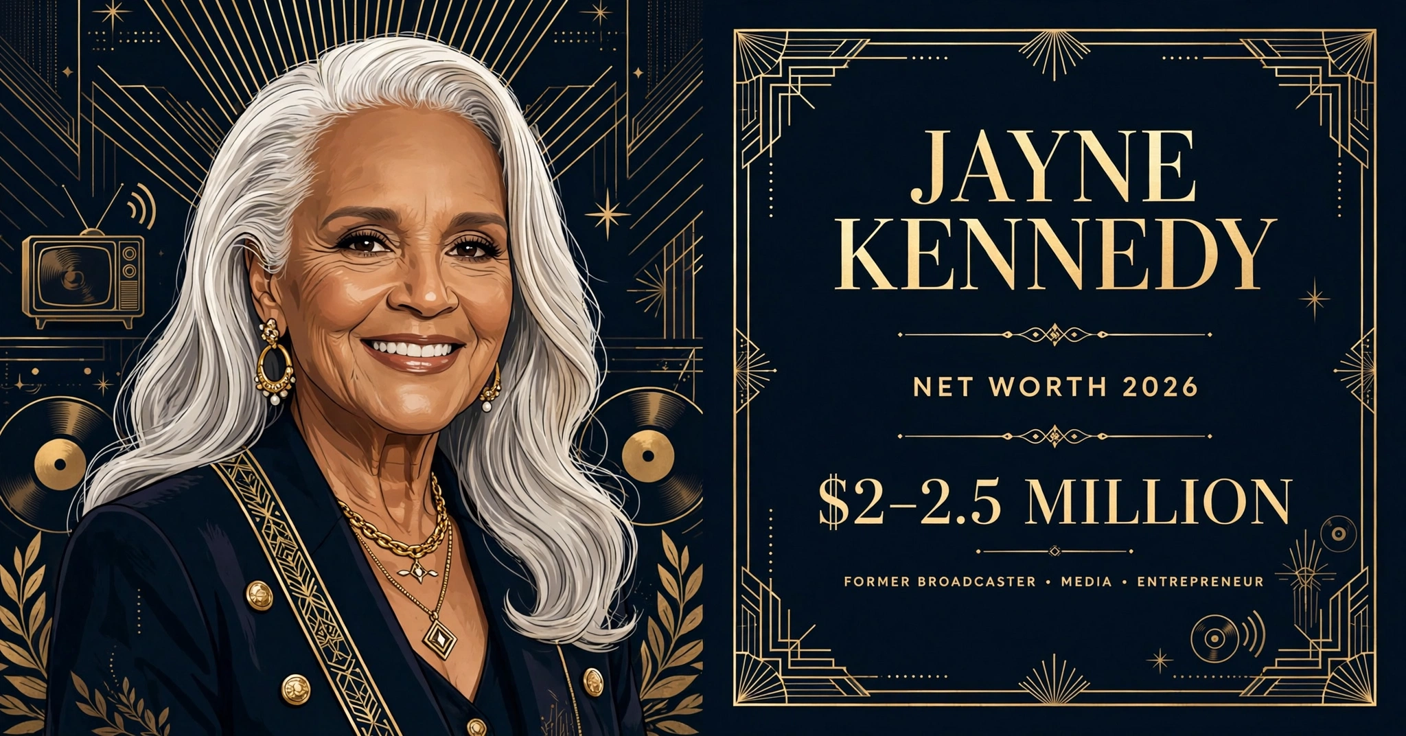 Jayne Kennedy net worth 2026 — estimated $2 to $2.5 million fortune infographic