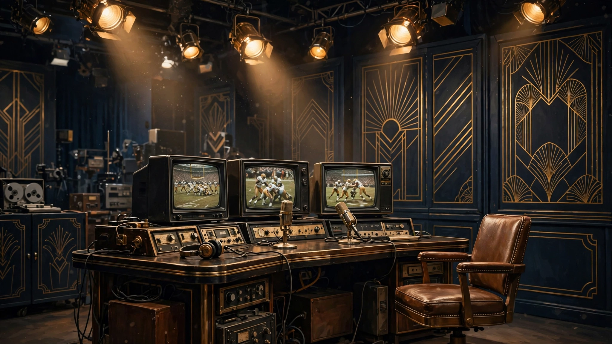 Illustrated 1970s television studio scene with a sports broadcast desk, evoking Jayne Kennedy's pioneering NFL Today era