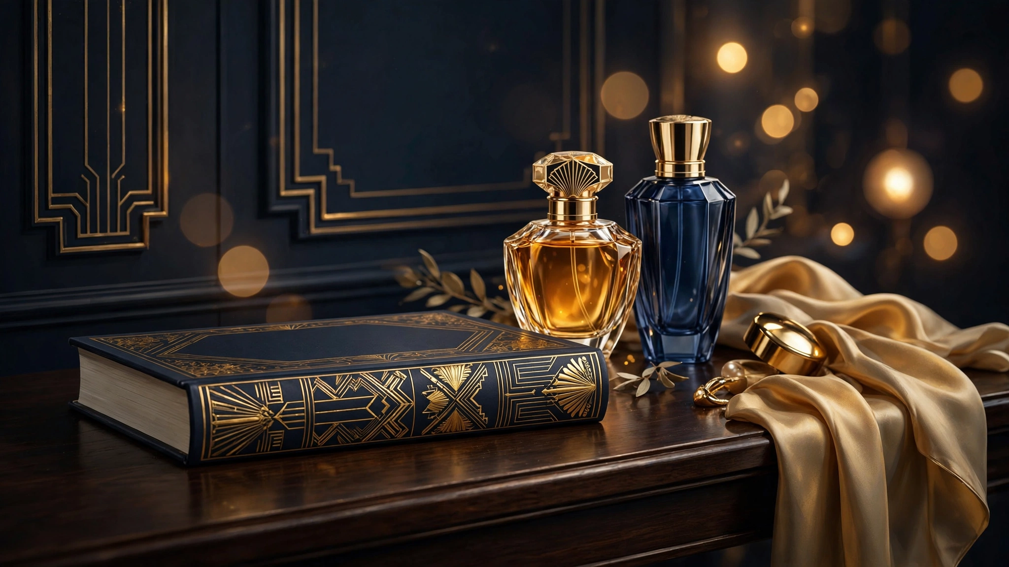 Illustrated elegant memoir and fragrance bottles on a vanity table in navy and gold, evoking Jayne Kennedy's Plain Jayne book and Sun and Moon fragrance line