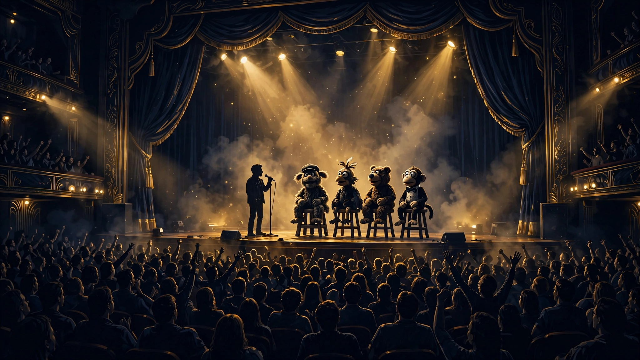 Illustrated arena comedy tour stage with puppet characters on stools under spotlights, evoking Jeff Dunham's live show