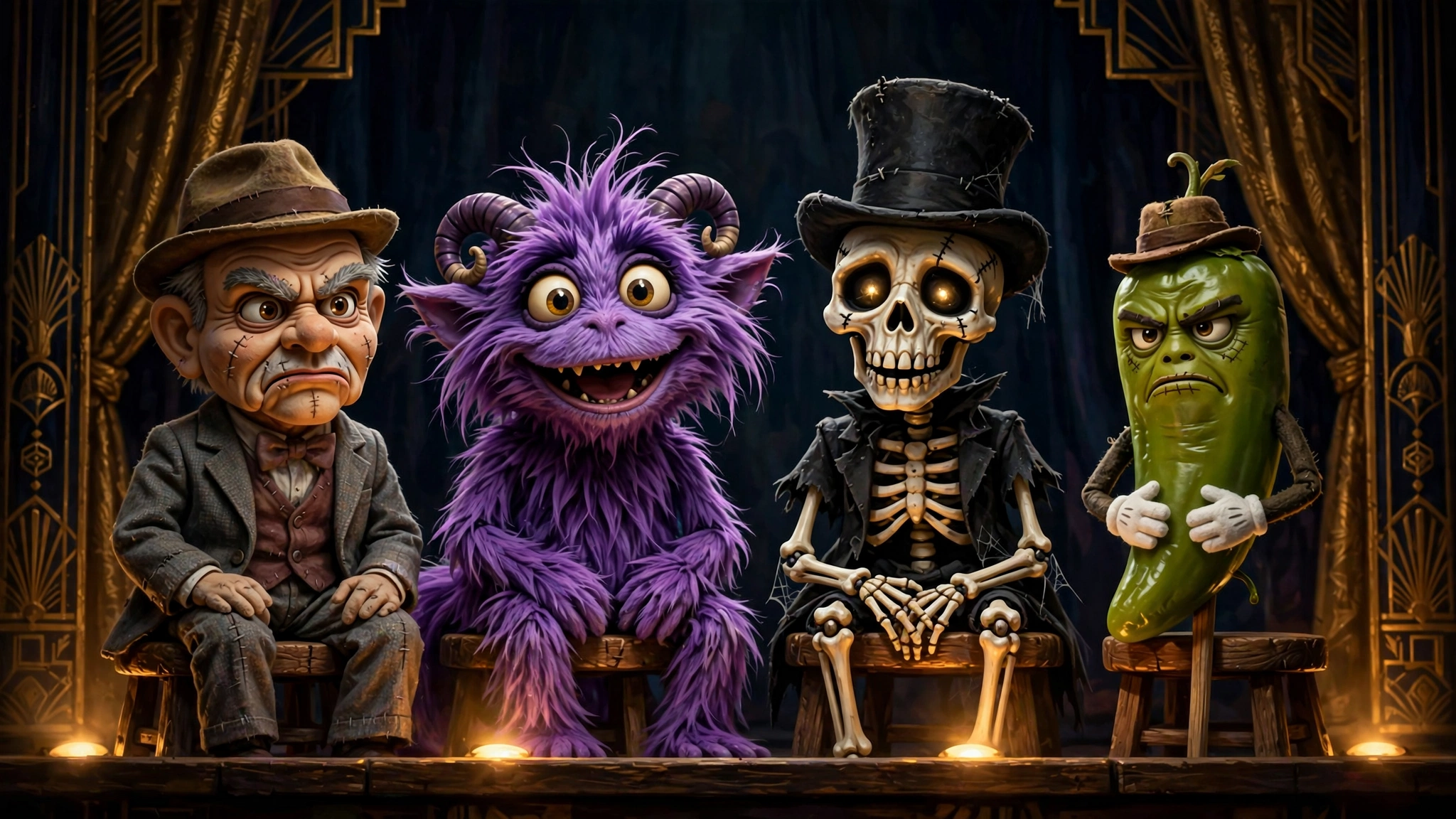 Illustrated ventriloquist stage scene with puppet characters on stools in dark navy and gold, evoking Jeff Dunham's cast of characters