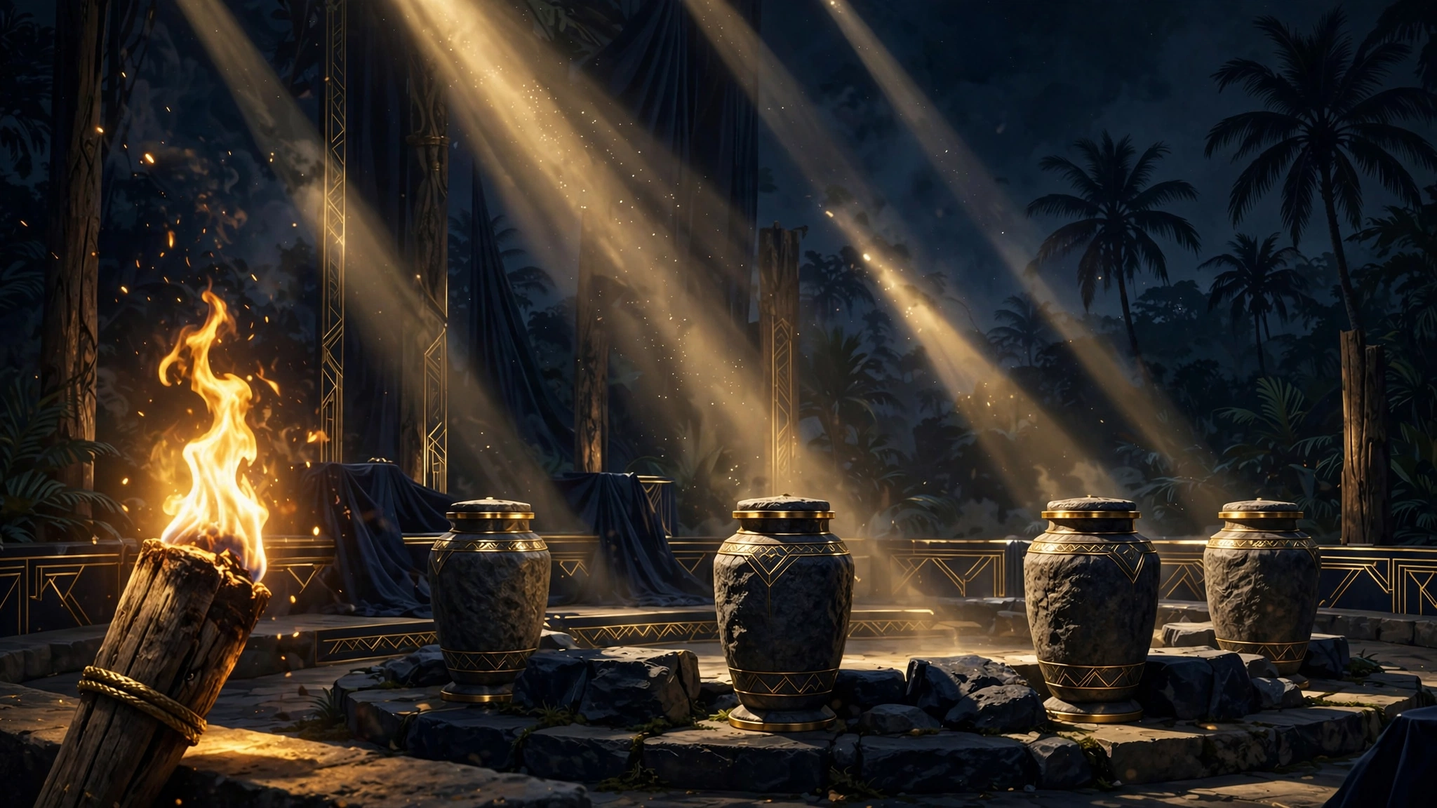 Illustrated tribal council set at night with a burning torch, evoking Survivor's 50-season run hosted by Jeff Probst