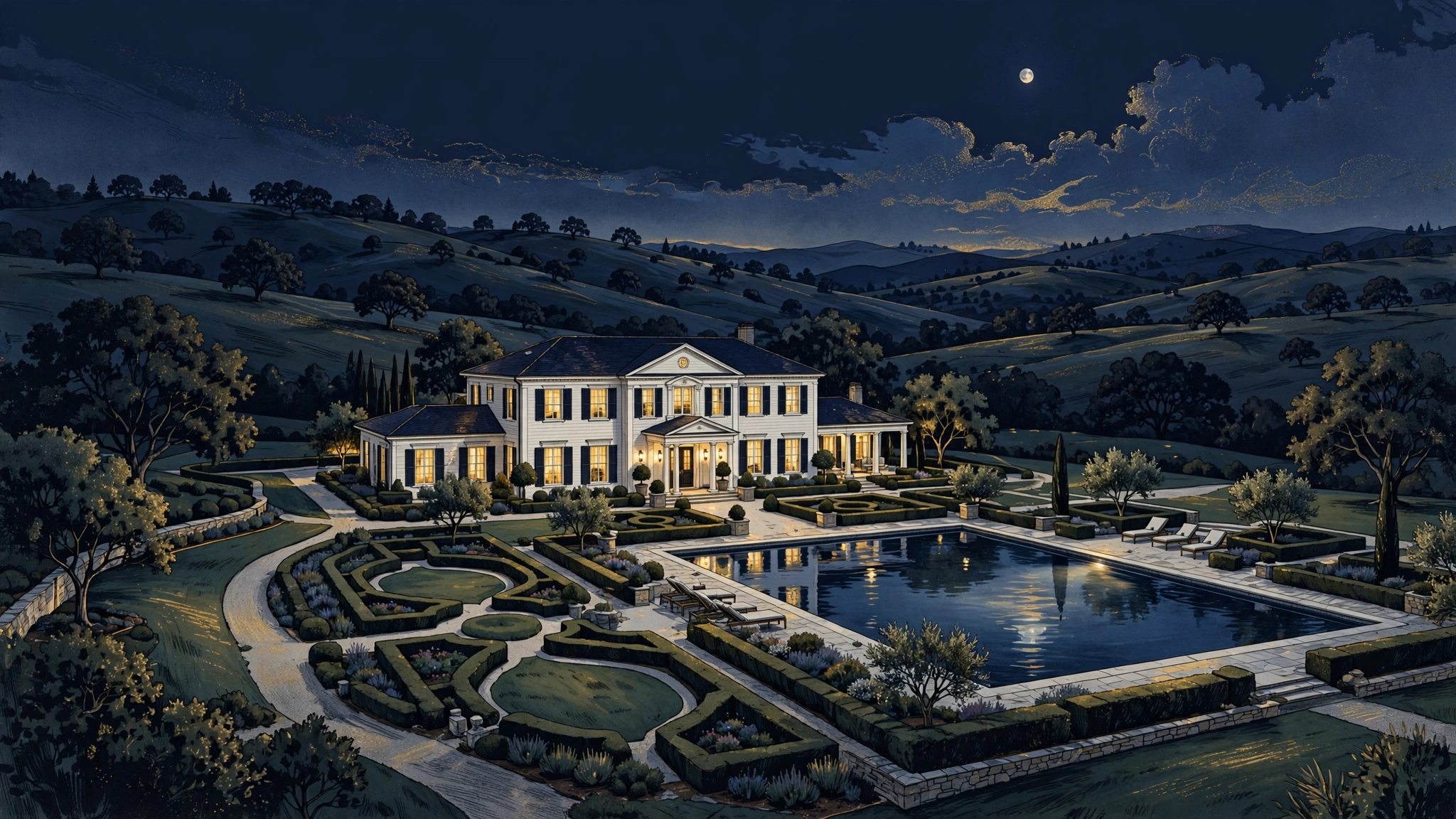 Illustrated California ranch estate at dusk with glowing windows and gardens, evoking Jeff Probst's Studio City home