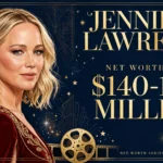 Jennifer Lawrence net worth 2026 — estimated $140 to $180 million fortune infographic