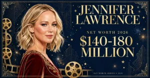 Jennifer Lawrence net worth 2026 — estimated $140 to $180 million fortune infographic