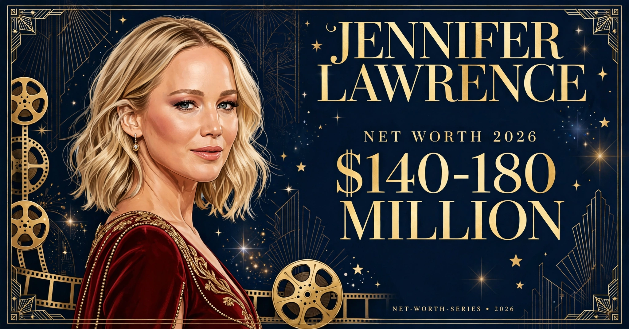 Jennifer Lawrence net worth 2026 — estimated $140 to $180 million fortune infographic