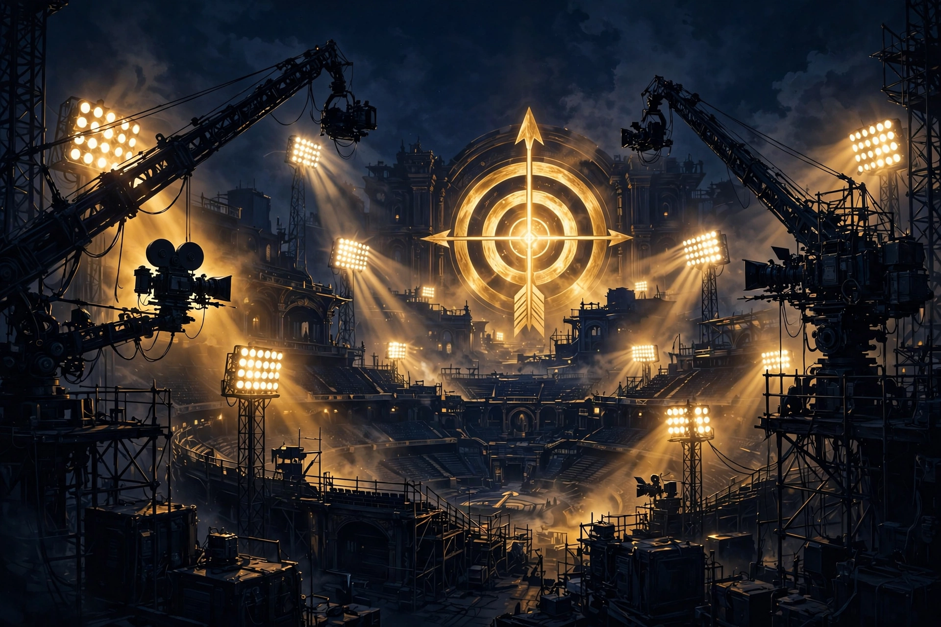 Cinematic illustration of a grand film-studio arena set evoking Jennifer Lawrence's Hunger Games era