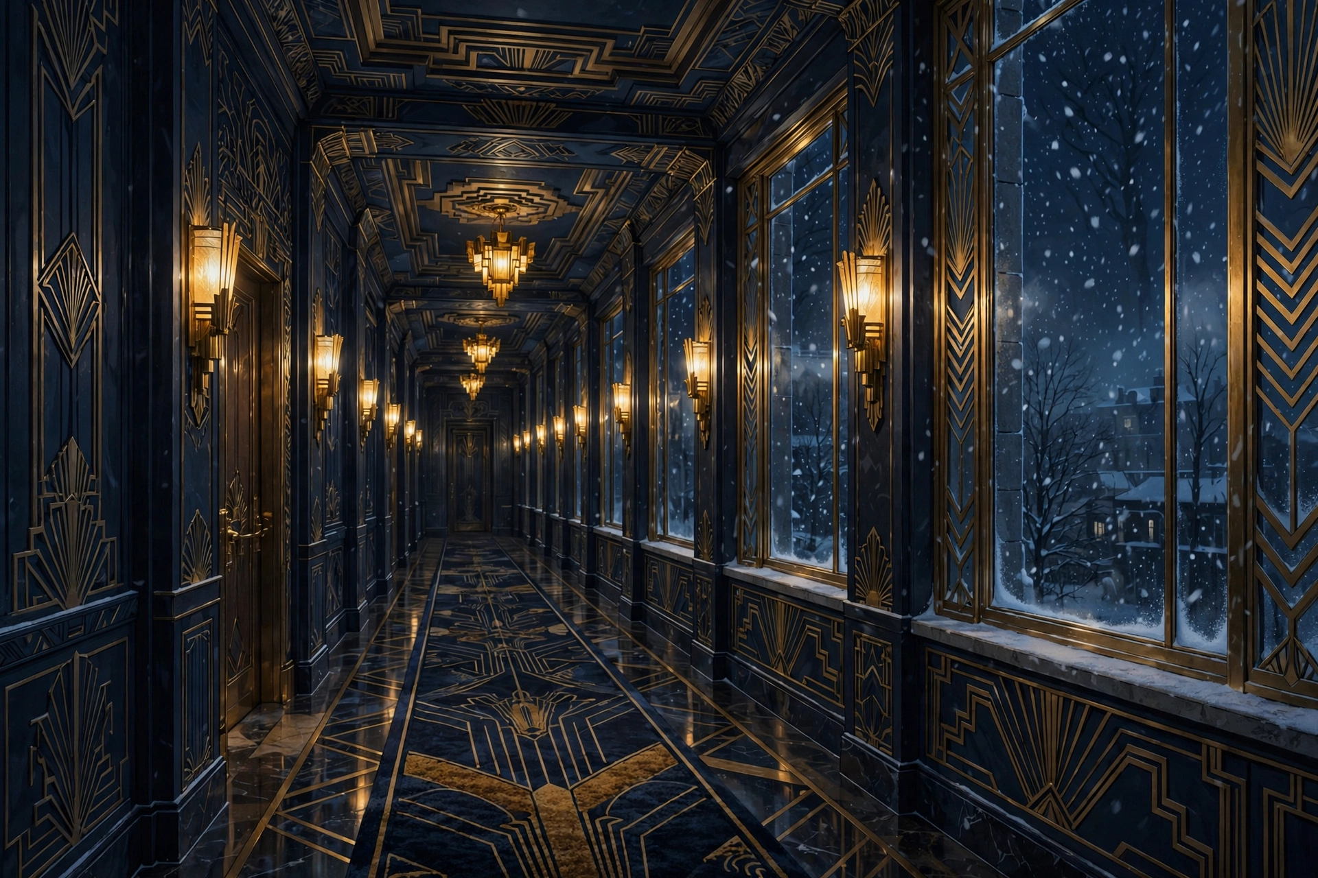 Cinematic illustration of a snow-dusted grand hotel corridor evoking Jennifer Lawrence's 2026 Scorsese project What Happens at Night