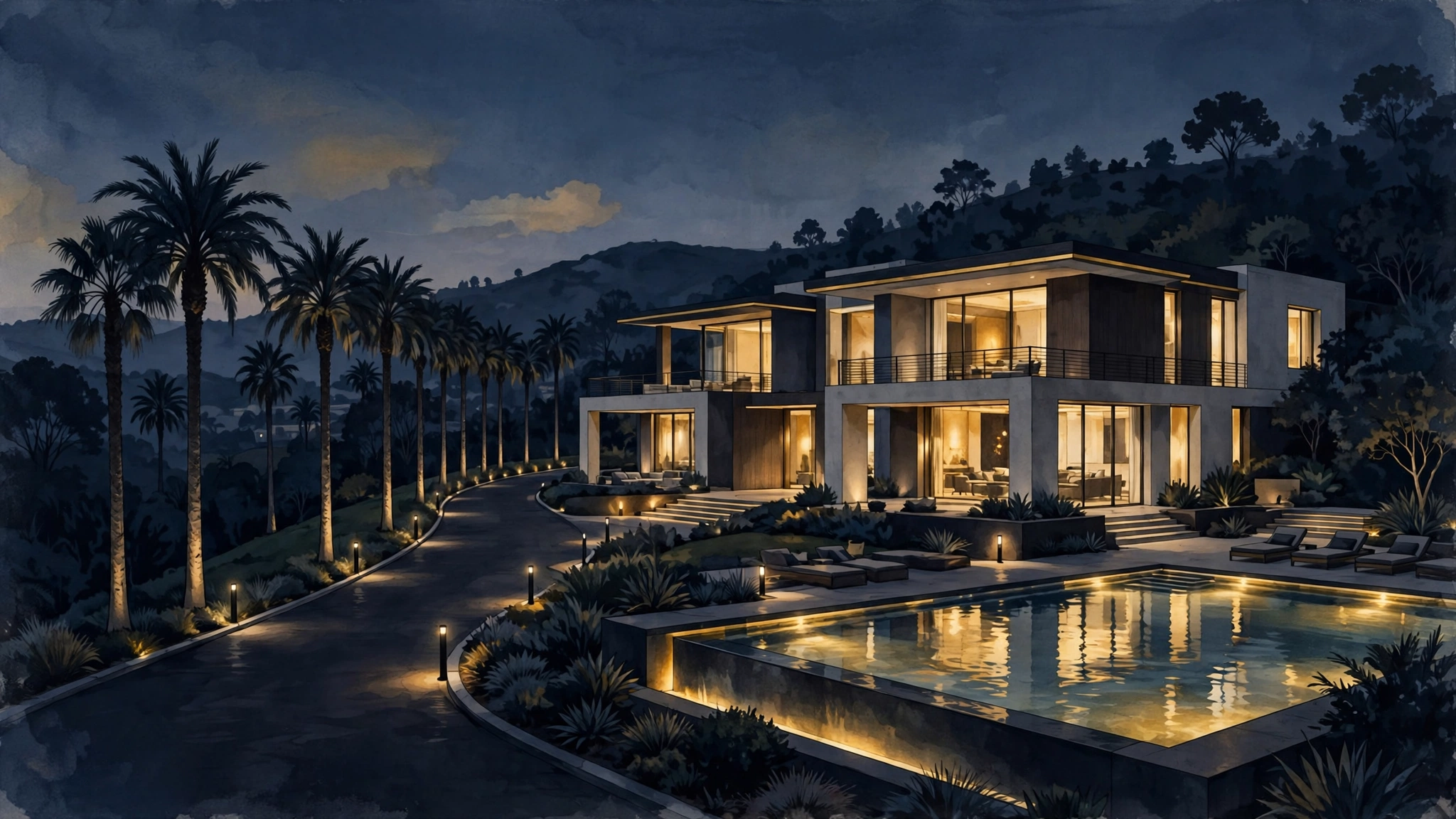 Illustrated Beverly Hills luxury mansion at dusk with pool, Jessica Alba net worth 2026