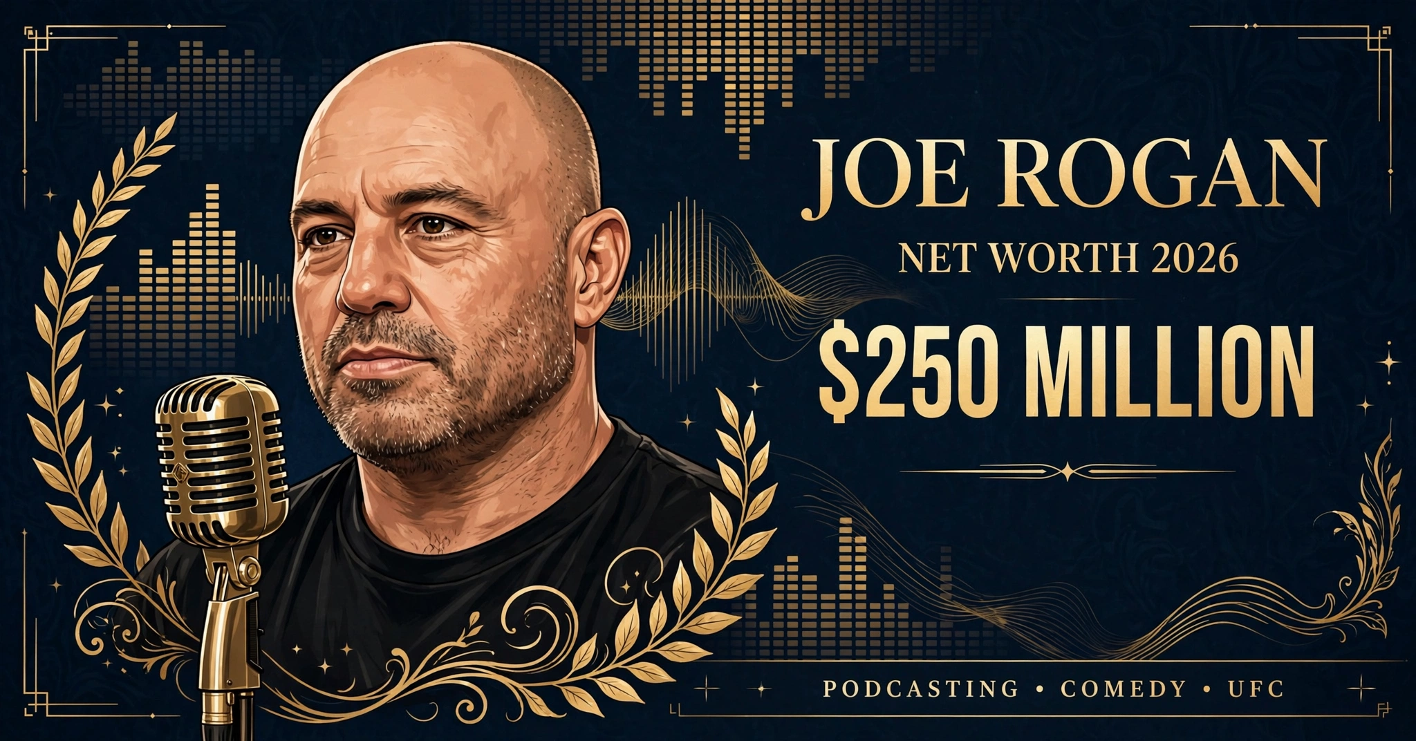 Joe Rogan net worth 2026 — estimated $250 million fortune infographic