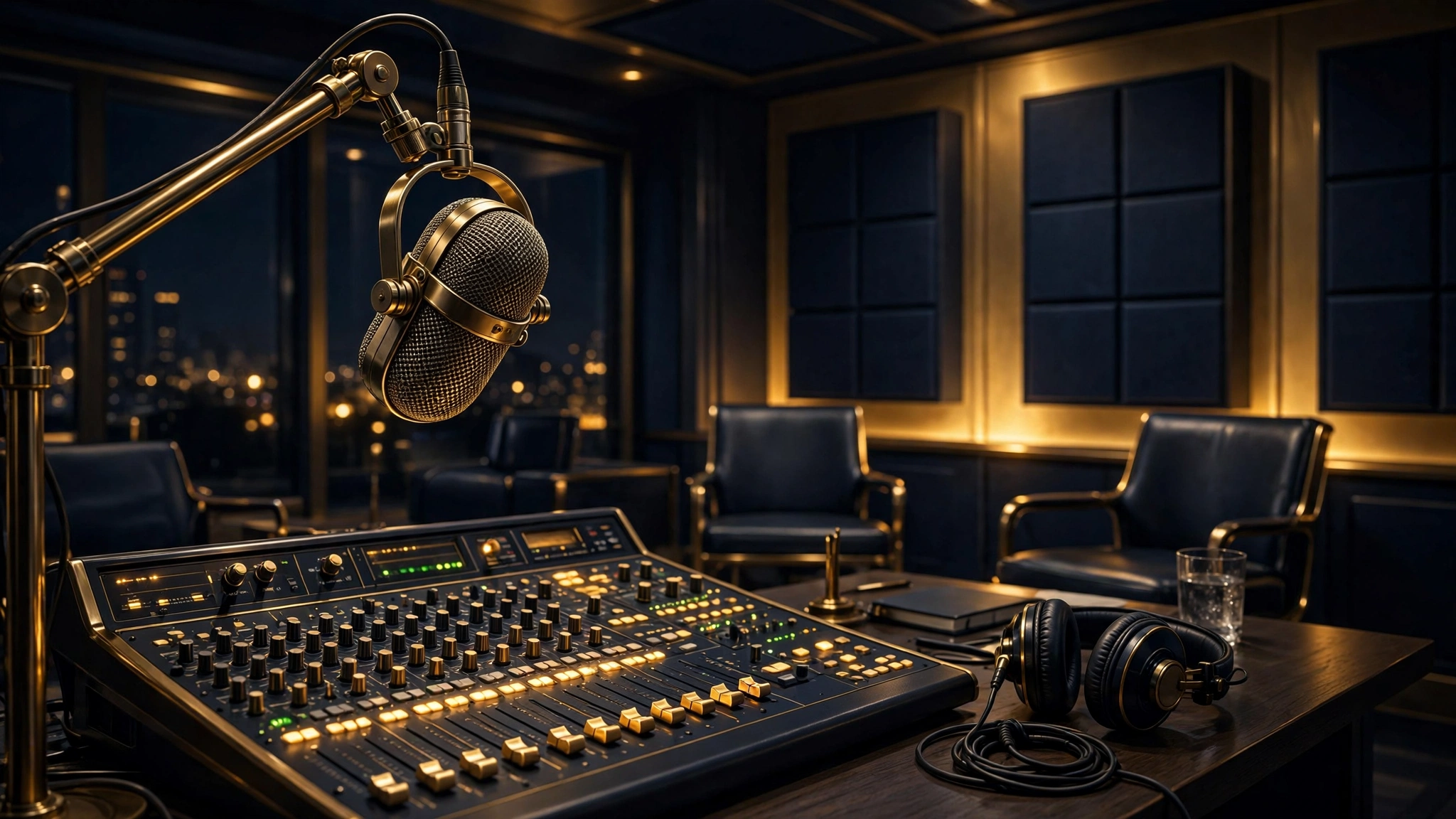 Illustrated empty podcast studio at night with vintage microphone and mixing console — the Joe Rogan Experience studio