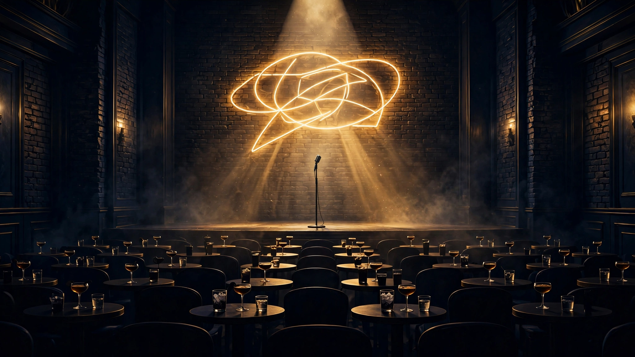 Illustrated comedy club stage under a spotlight — the Comedy Mothership era