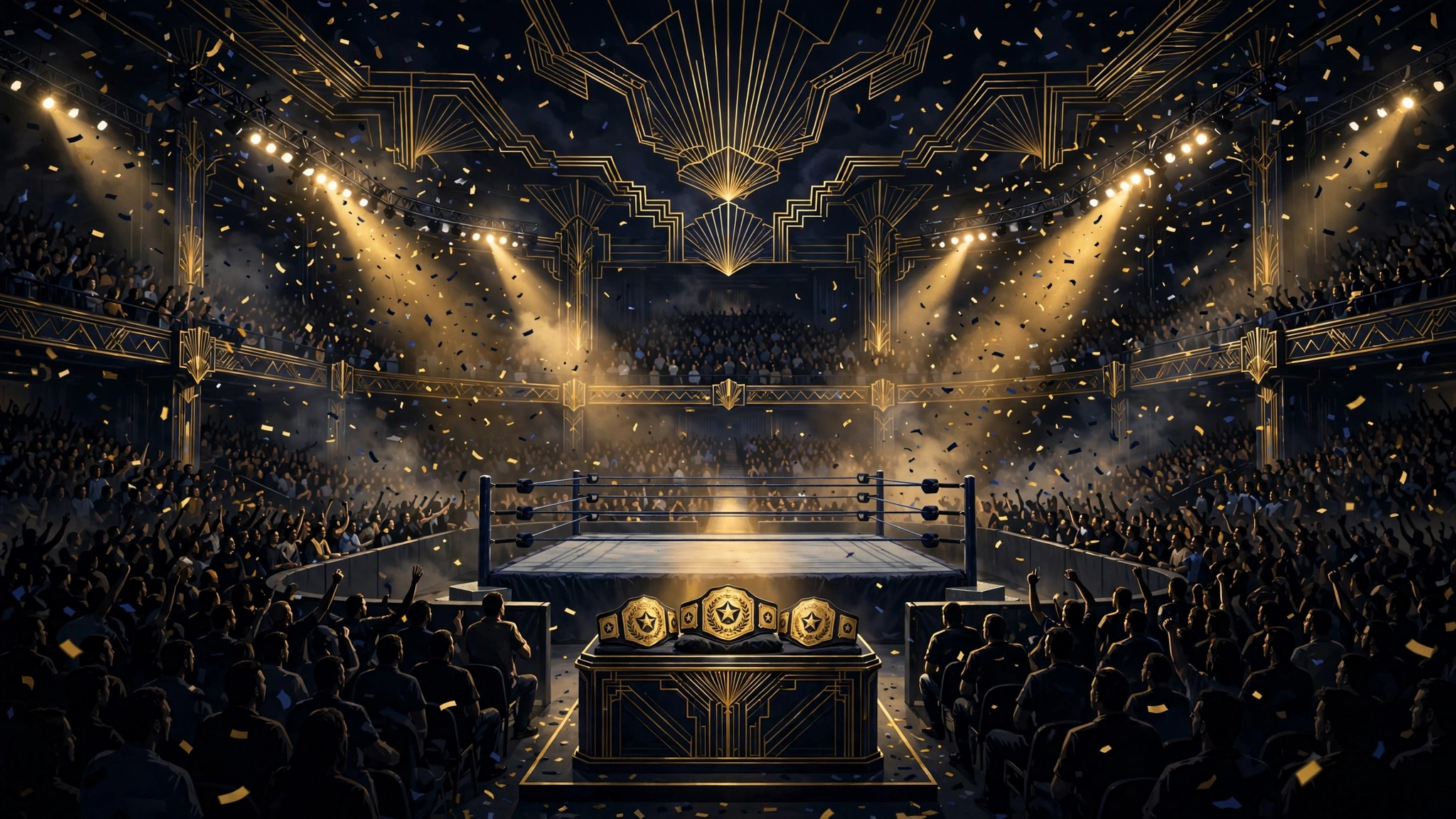 Illustrated wrestling arena at John Cena's farewell match with championship belts