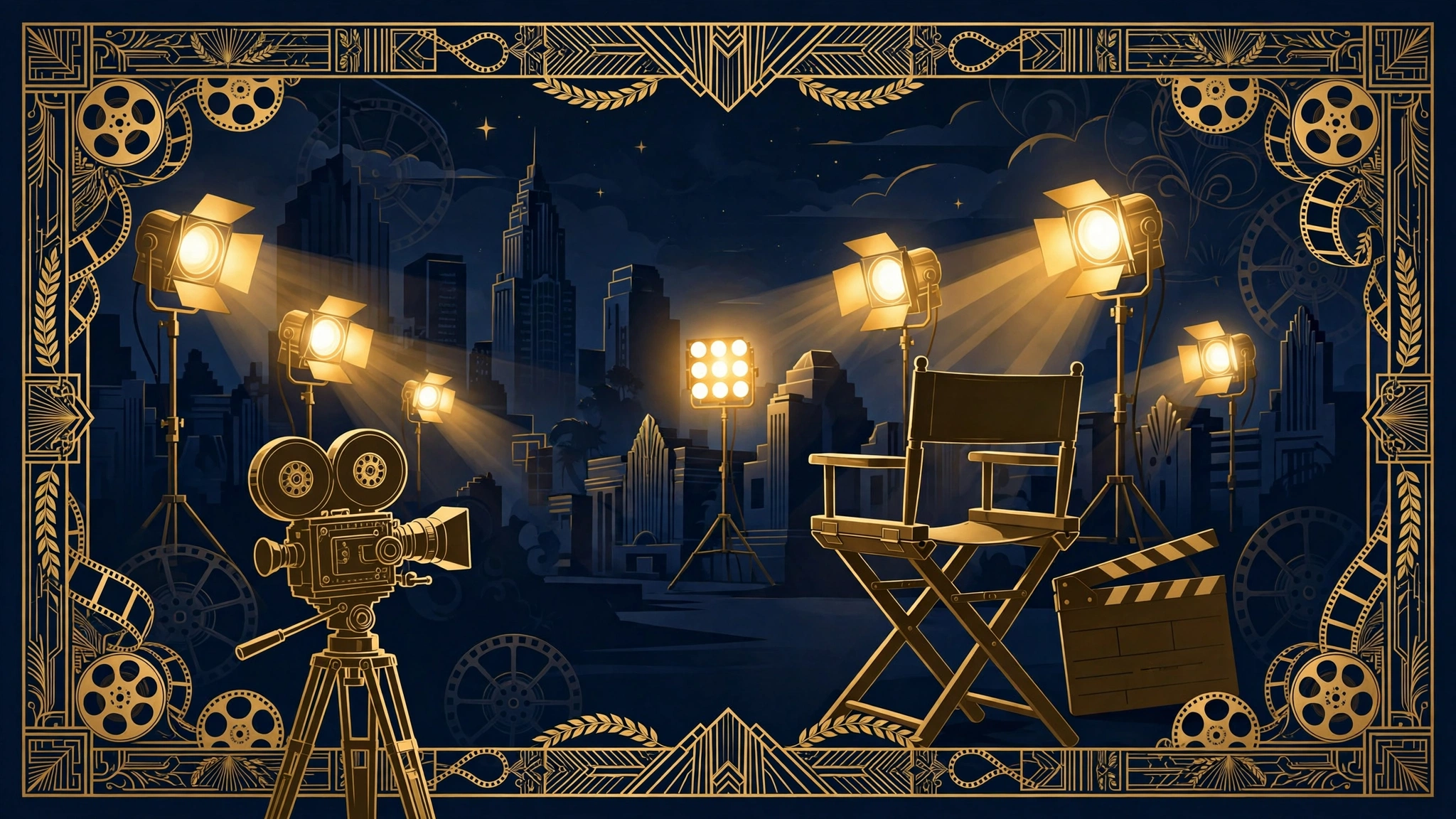 Illustrated film set with movie camera and clapperboard in John Cena's Hollywood chapter