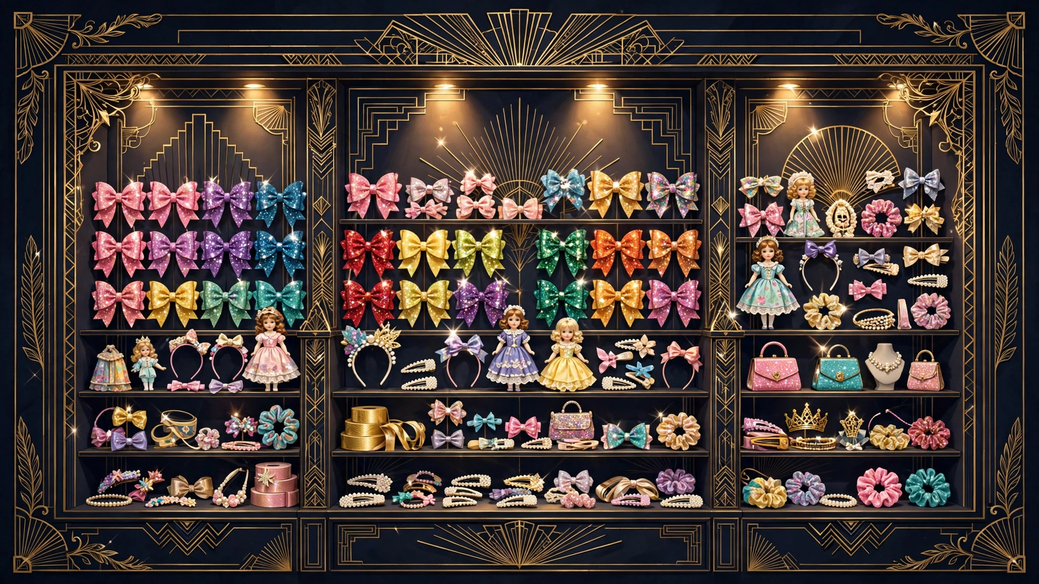 Display case of colorful signature bows and accessories — the Bow Empire