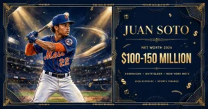 Juan Soto net worth 2026 — estimated $100 to $150 million fortune infographic