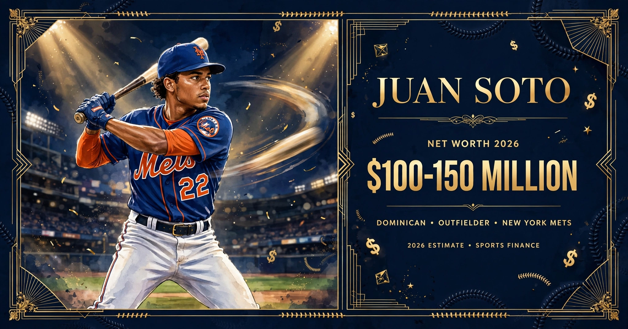 Juan Soto net worth 2026 — estimated $100 to $150 million fortune infographic