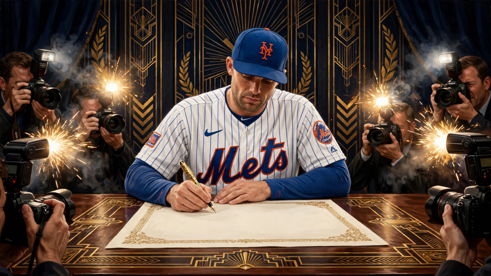 Illustrated scene of Juan Soto's record Mets contract signing day, cameras flashing