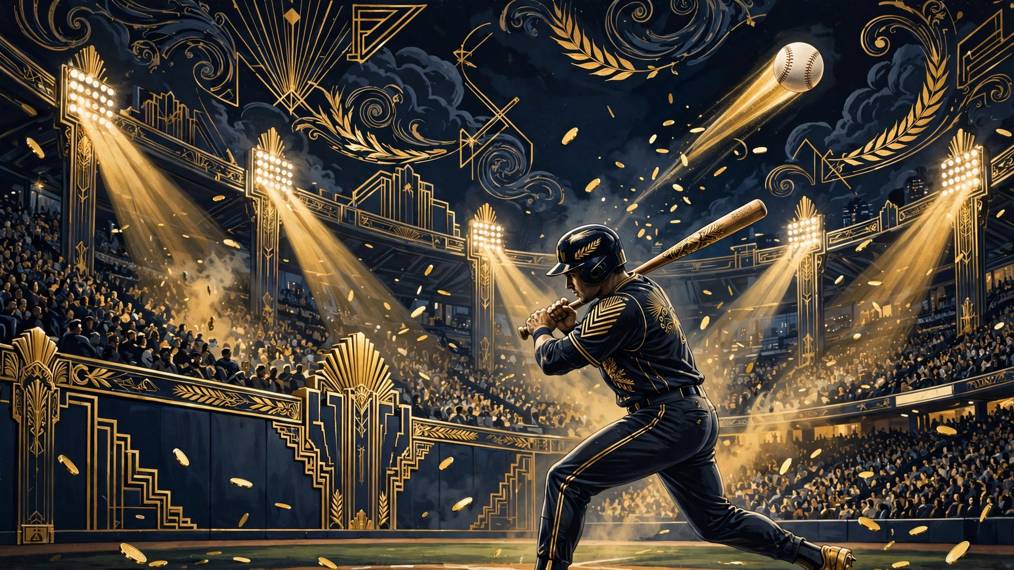 Illustrated night-stadium scene of Juan Soto launching a home run, gold coins swirling