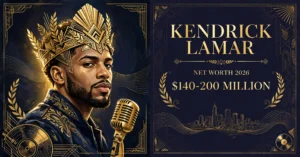 Kendrick Lamar net worth 2026 — estimated $140 to $220 million fortune infographic