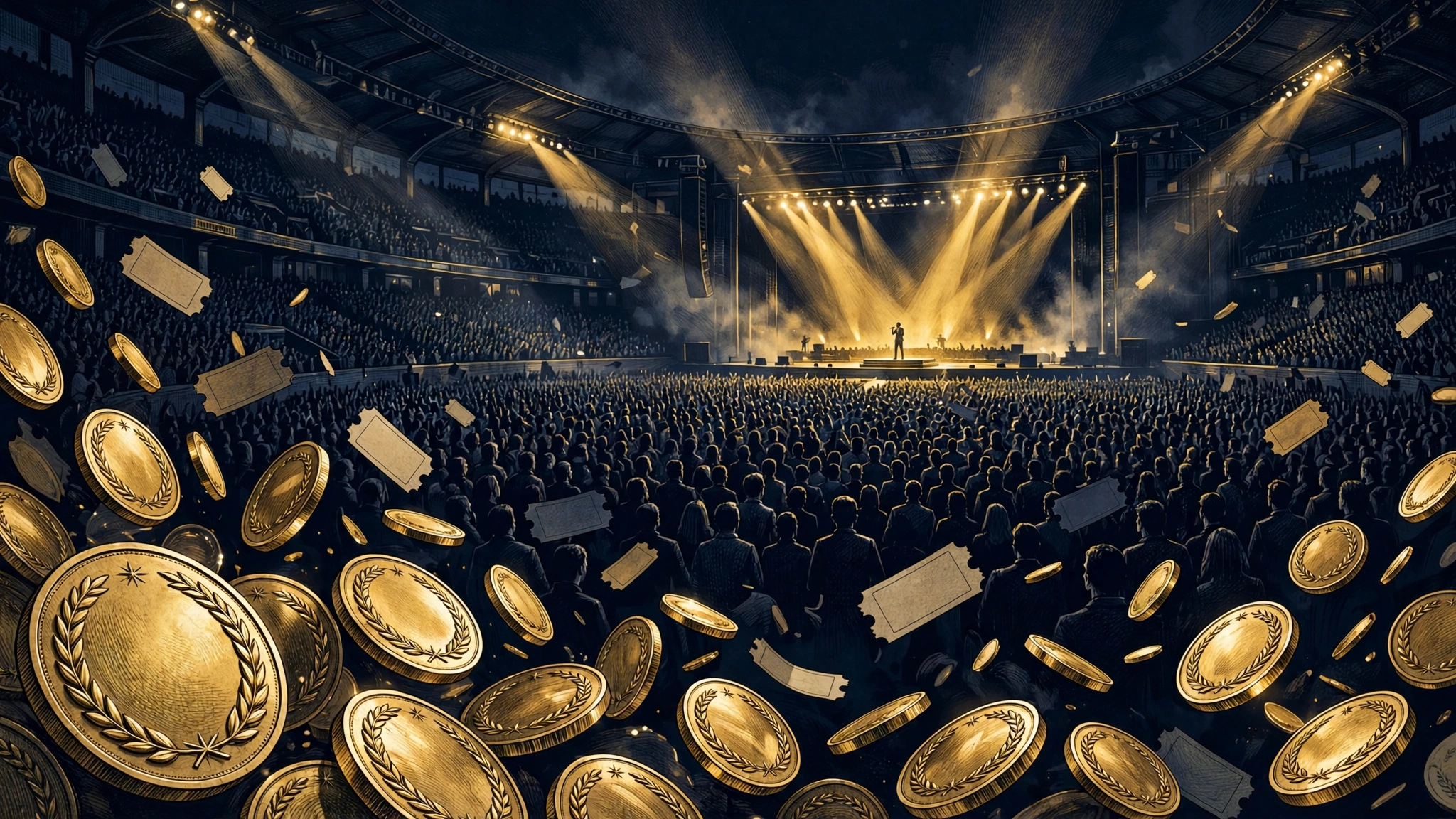 Illustrated stadium concert scene with dramatic lighting representing Kendrick Lamar's record-breaking Grand National Tour
