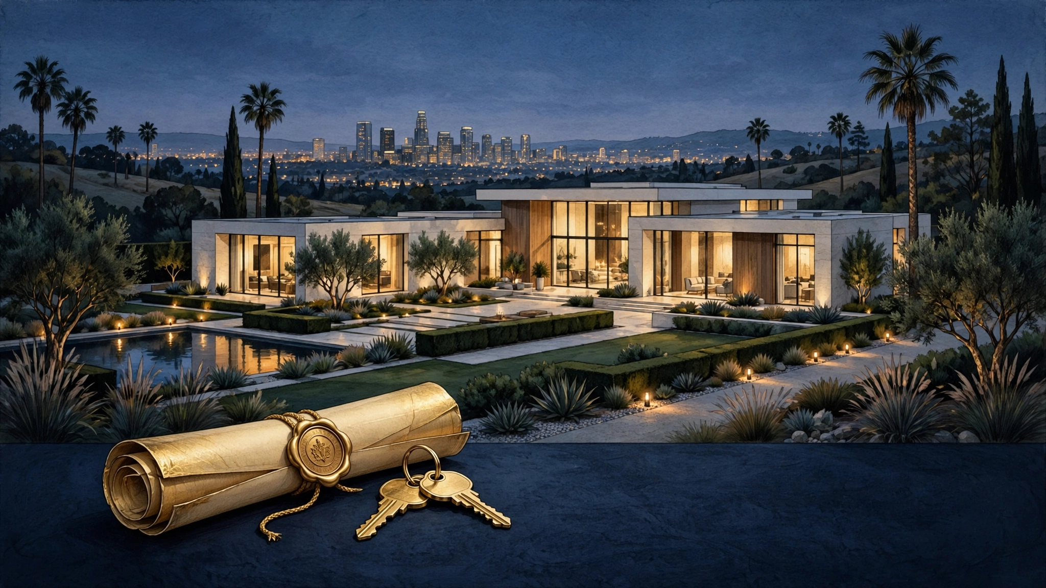 Illustrated luxury California estate at dusk representing Kendrick Lamar's real estate portfolio