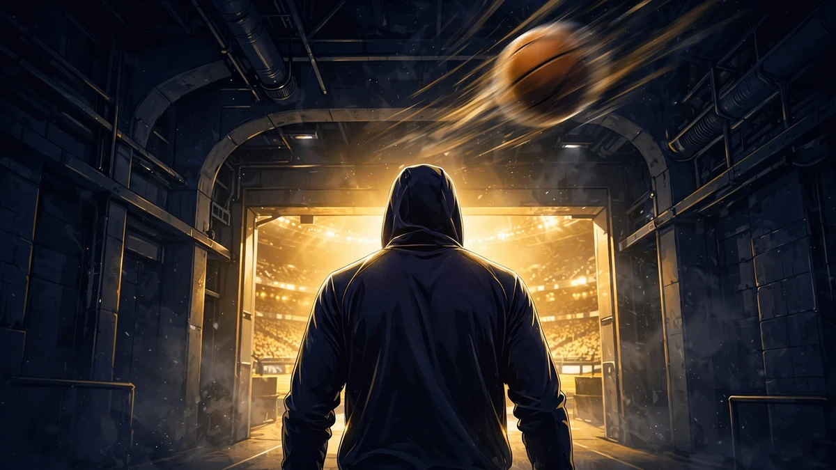 Illustration of a hooded basketball player walking into a packed arena tunnel — LeBron James 2026 veteran-minimum chapter with Philadelphia