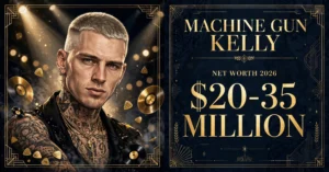 Machine Gun Kelly net worth 2026 — estimated $20 to $35 million fortune infographic
