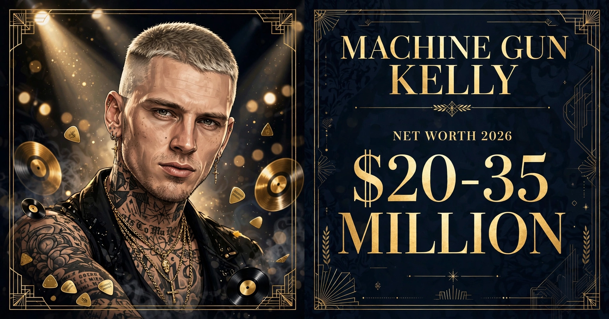 Machine Gun Kelly net worth 2026 — estimated $20 to $35 million fortune infographic