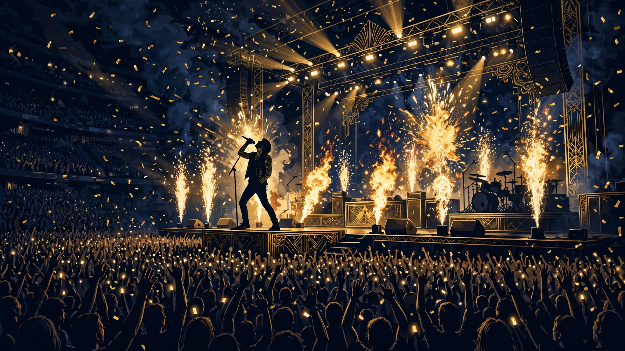 Illustrated arena concert scene with Machine Gun Kelly-style performer on a pyrotechnic pop-punk stage