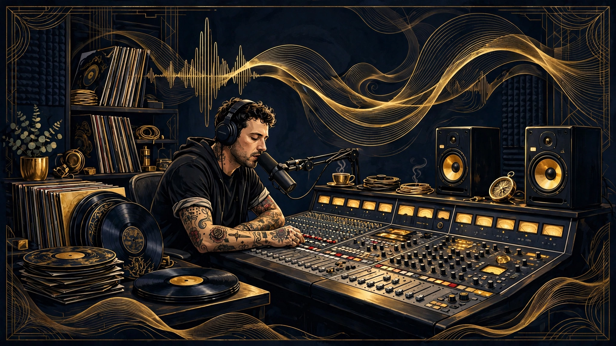 Illustrated recording studio scene with a tattooed rock musician tracking vocals at a mixing desk