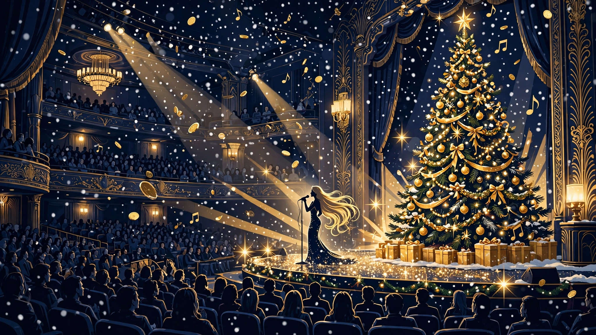 Illustrated Christmas concert scene in a Las Vegas theater with a singer on stage, a golden Christmas tree, falling snow, and golden coins symbolizing holiday music wealth