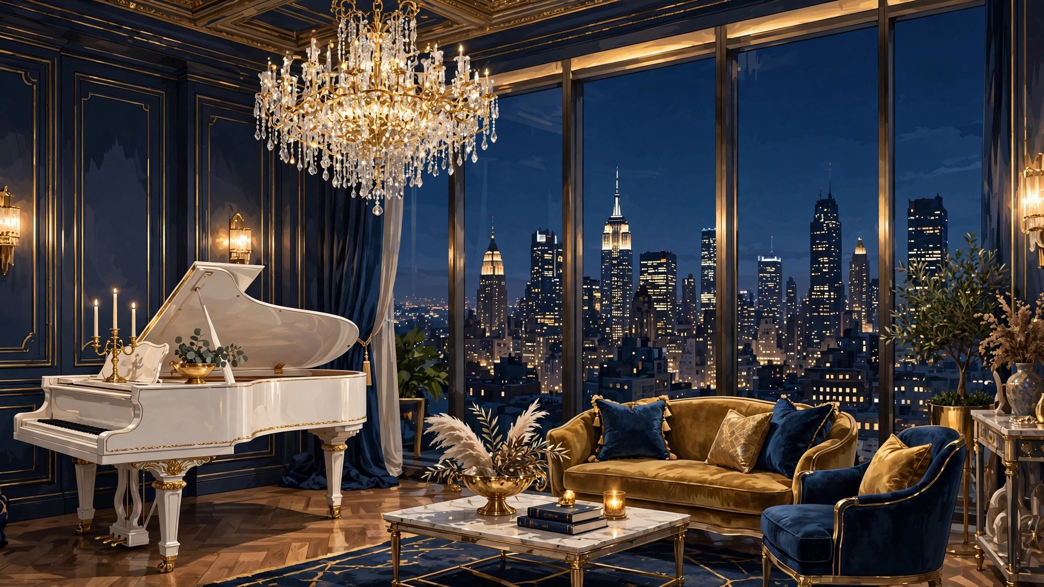 Illustrated luxury Manhattan penthouse interior at dusk with a white grand piano, chandelier, and New York City skyline views
