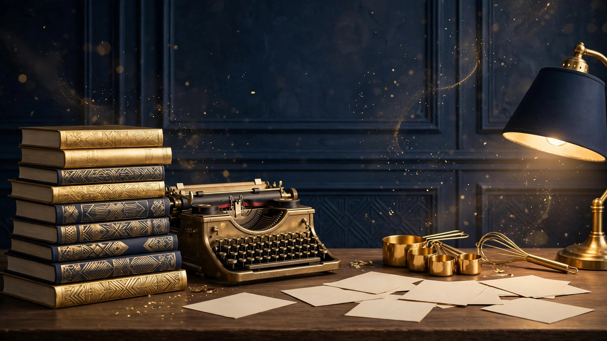 Illustration of books, a vintage typewriter and golden kitchen tools on a desk — Martha Stewart media empire