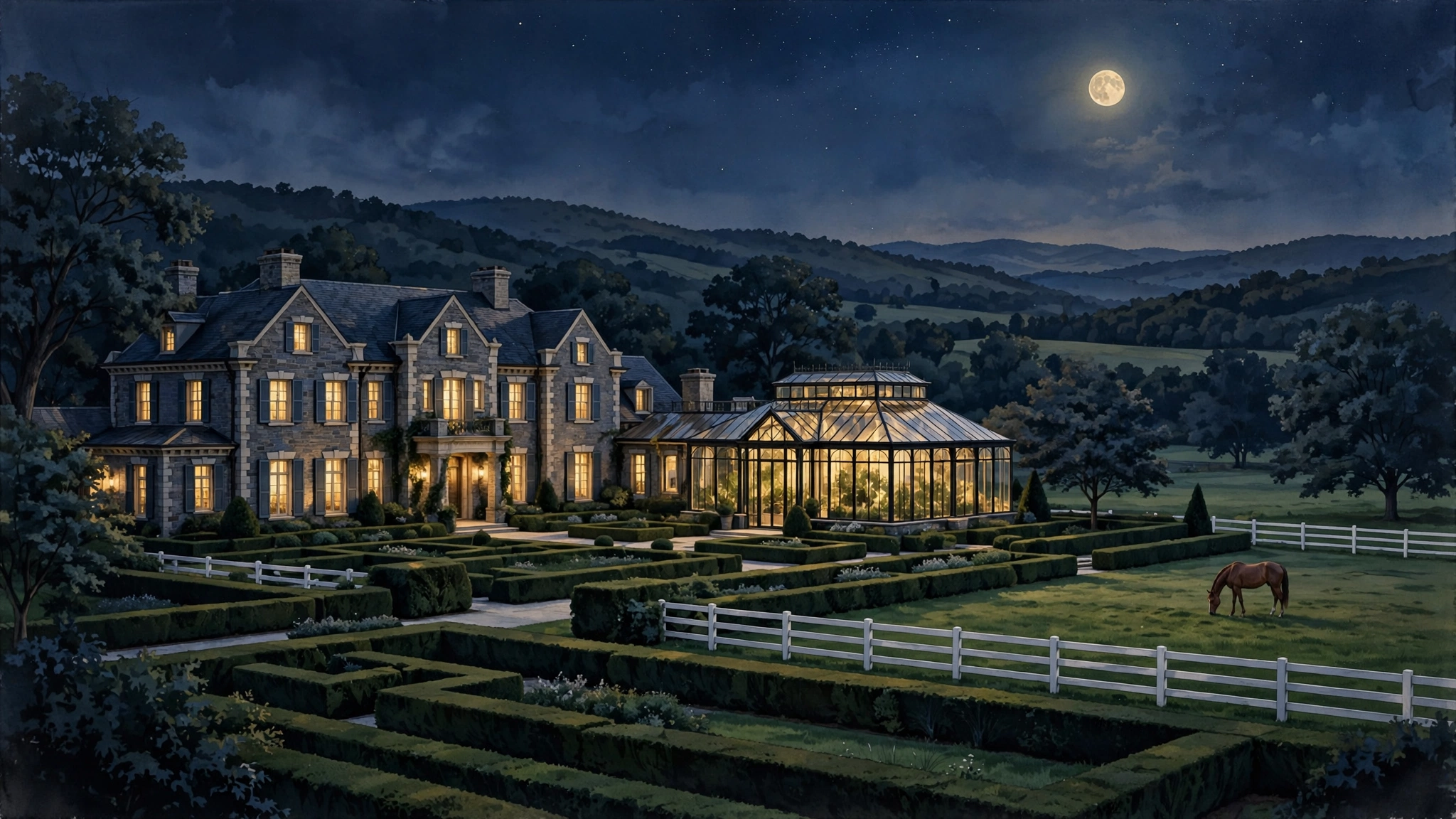 Martha Stewart luxury real estate portfolio illustration — farmhouse estate and properties