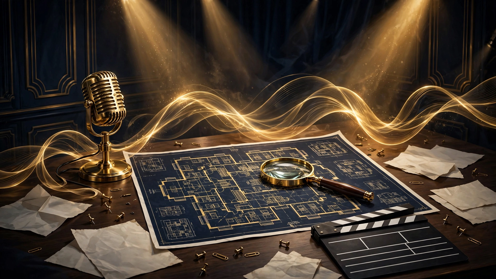 Illustrated true-crime podcast studio scene evoking Martin Short's Only Murders in the Building role
